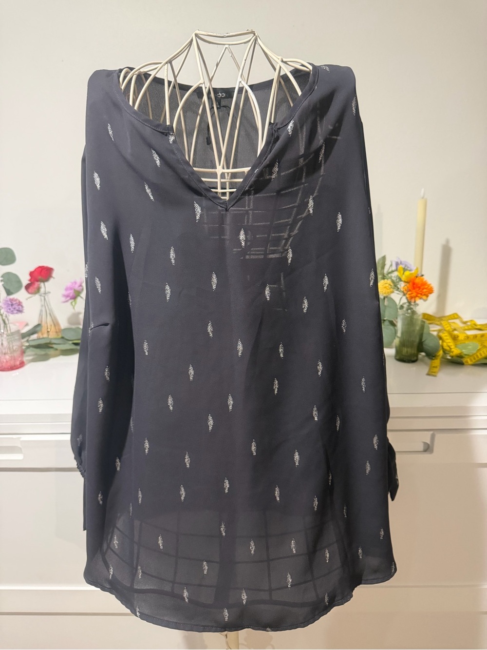 Papermoon Navy Sheer V-Neck Blouse with Silver Dot Accents